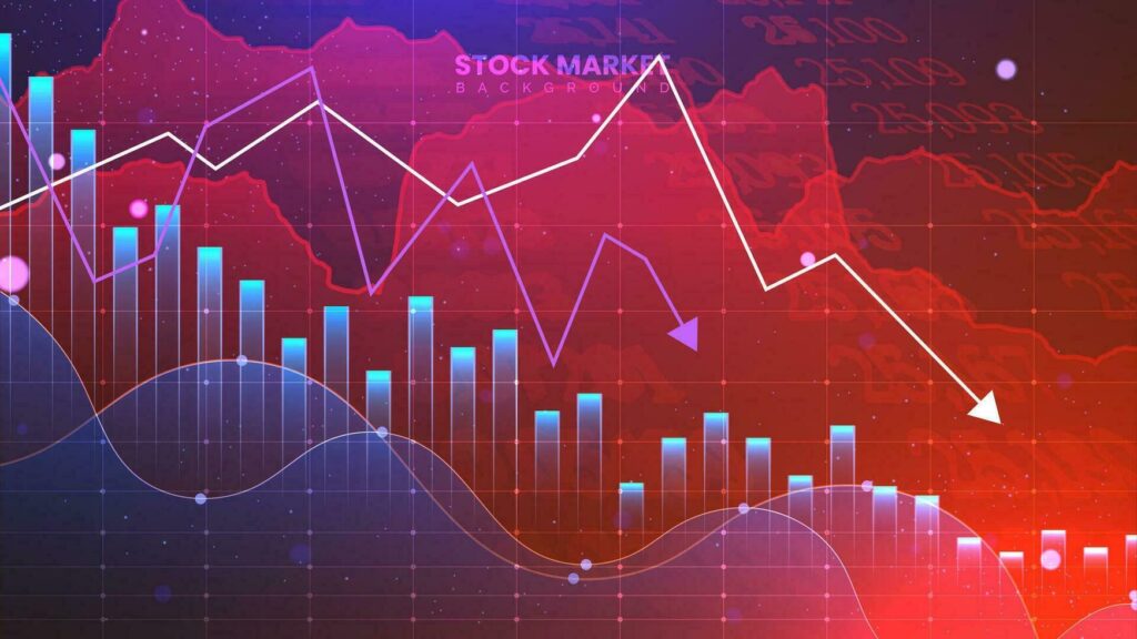 Canadian flag with downward stock chart, falling oil barrels and gold bars, illustrating market decline in energy and materials sectors