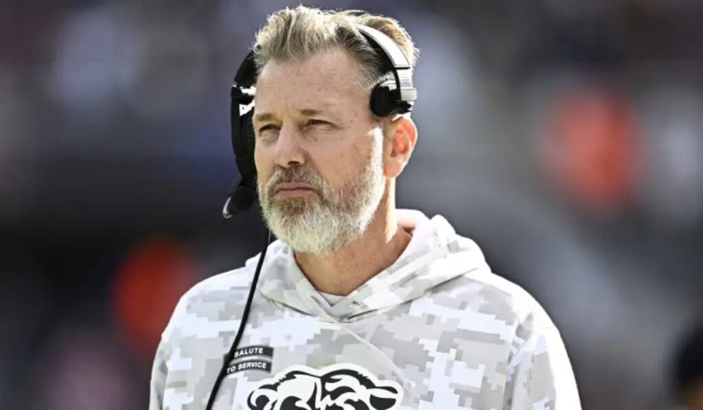 Chicago Bears head coach Matt Eberflus speaks at a press conference announcing the firing of offensive coordinator Shane Waldron